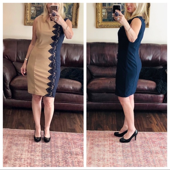 Nikibiki Dresses & Skirts - NIKIBIKI taupe navy color block bodycon dress lacy